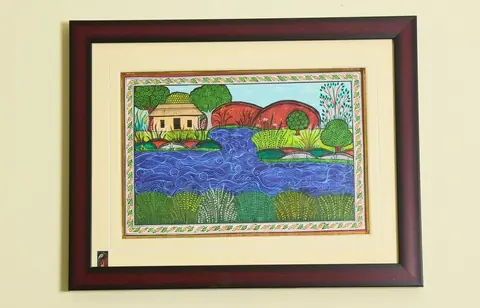 The Riverside Cottage Pattachitra Landscape Painting
