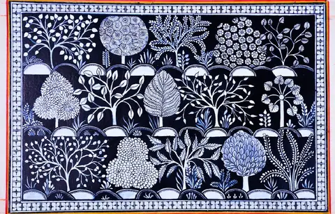 The Midnight Forest Monochrome Pattachitra Painting