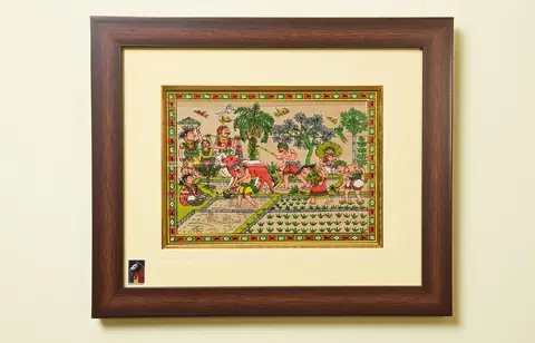 The Paddy Planting Tribal Painting on Tassar Silk