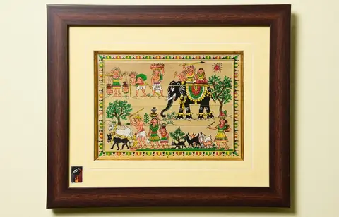The Royal Elephant Procession Tribal Painting on Tassar Silk