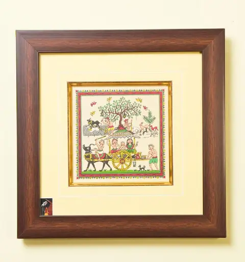 The Village Cart Ride Tribal Painting on Tassar Silk