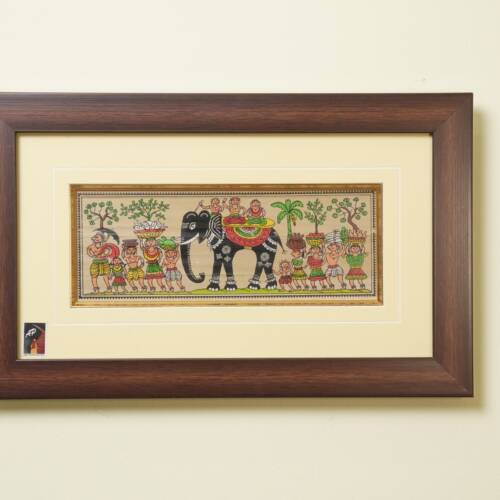 The Village Procession with Elephant Tribal Painting on Talapatra