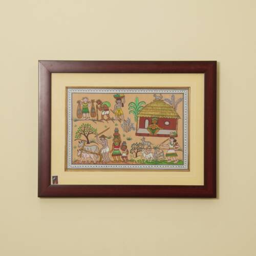 The Evening Chores Tribal Painting on Tassar Silk