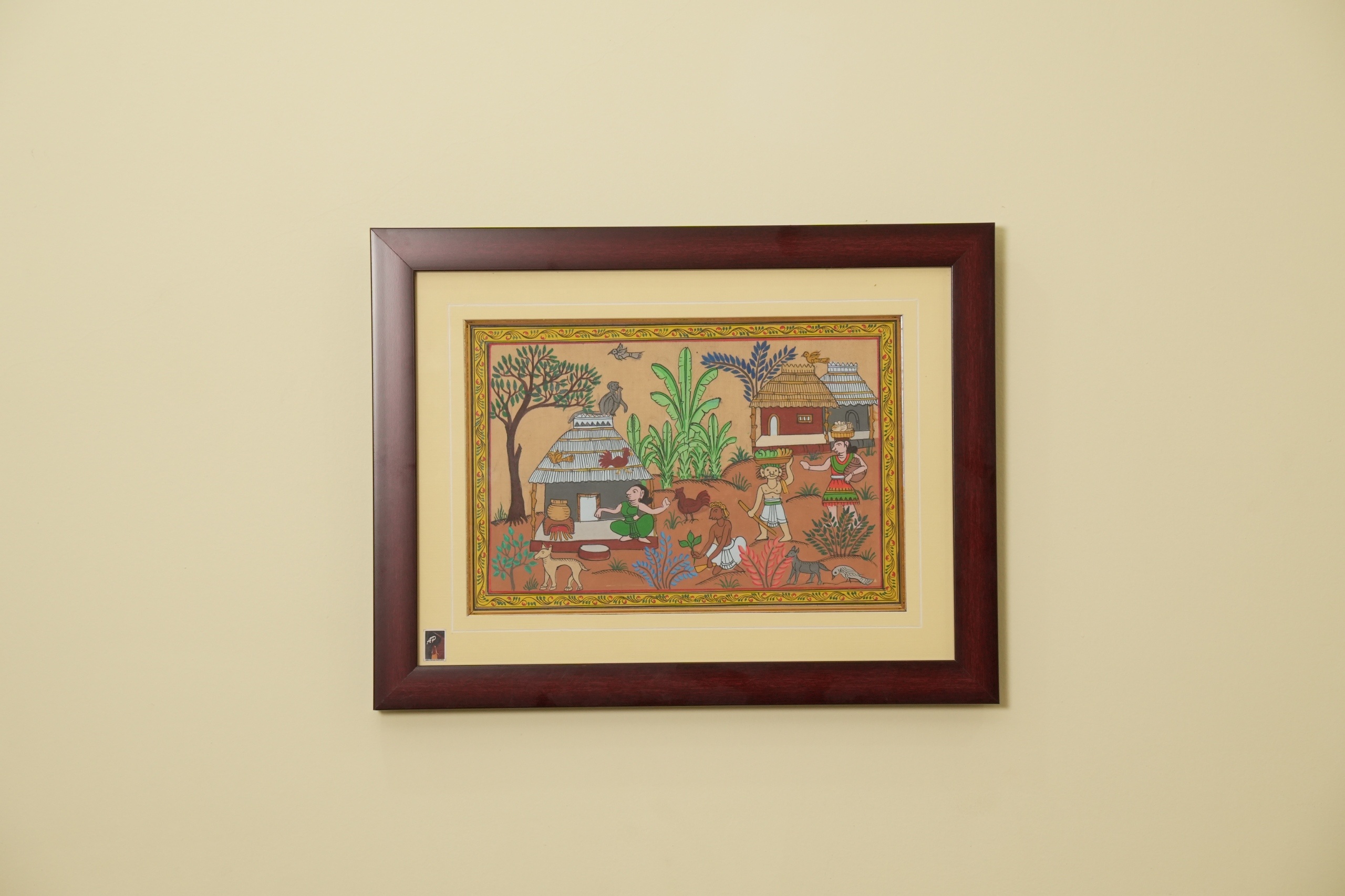 The Village Courtyard Tribal Painting on Tassar Silk